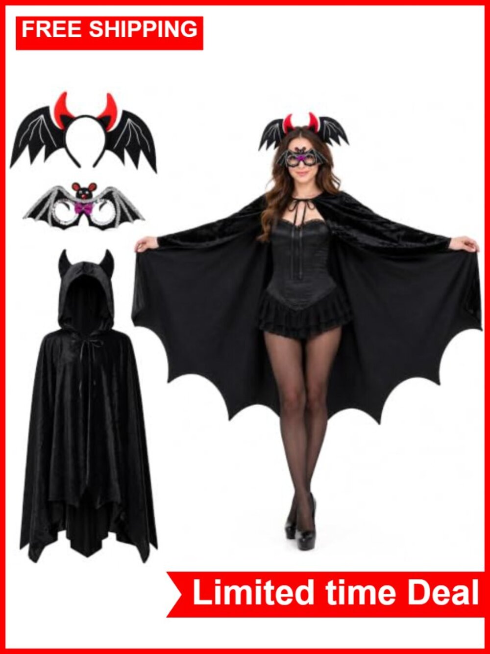 Velvet Bat Cape Set Hooded Mask Headband Halloween Cosplay
